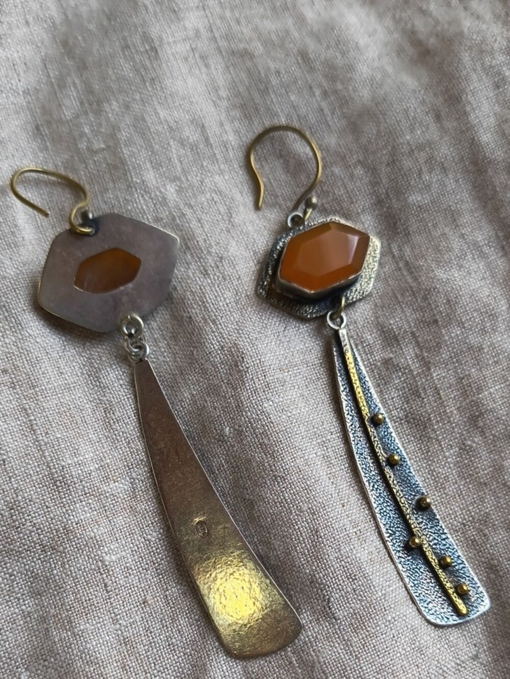 Artisan Orange Aventurine Hexagon Drop Earrings with Mixed Metal Accents Boho - Picture 8 of 8
